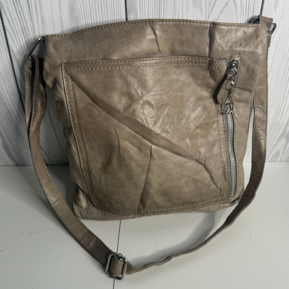 Merci Marie Italy Light Tan/Gray Leather Crossbody Handbag Purse 12 x 12